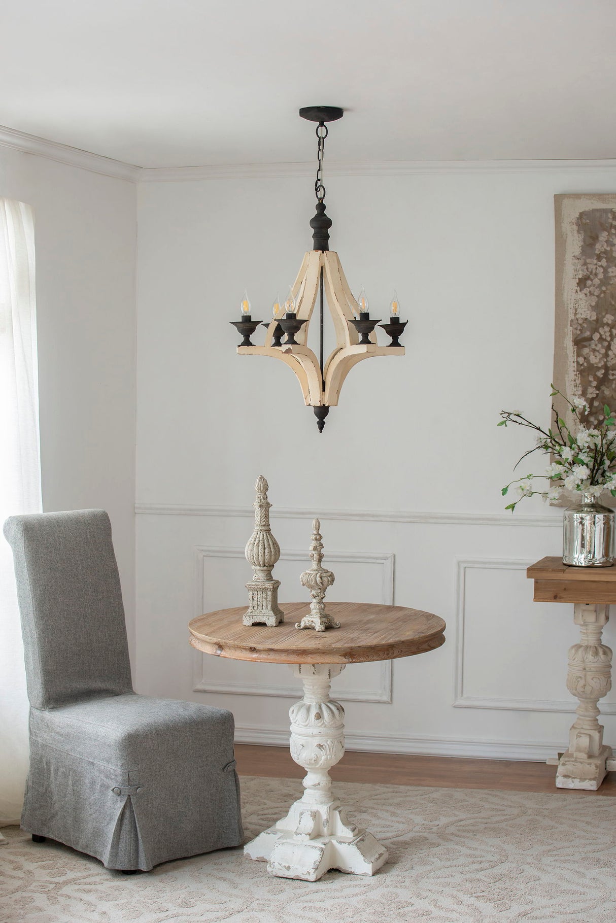 6 Light Wood Chandelier, Hanging Light Fixture With Adjustable Chain For Kitchen, Bulb Not Included - Cream by Couch.com
