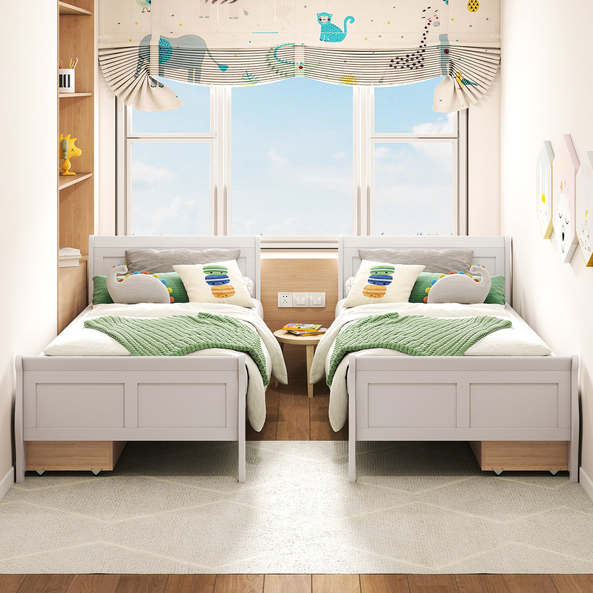 Twin Size Sleigh Bed with 2 Storage Drawers Wood Platform Bed Frame-White