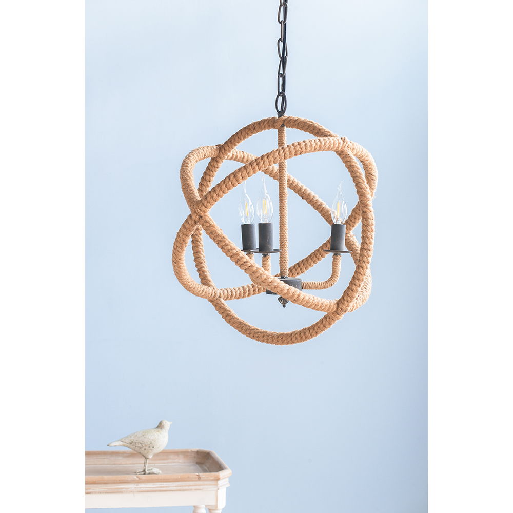 3 Light Farmhouse Chandelier, Rope Chandelier Globe Hanging Light Fixture With With Adjustable Chain For Kitchen, Bulb Not Included - Beige Brown by Couch.com