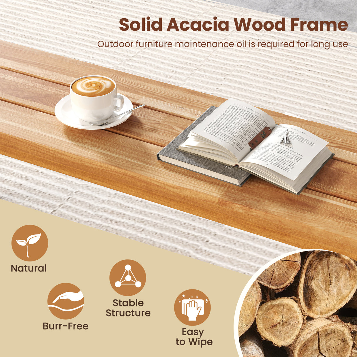 63 Inch 3-Person Acacia Patio Wood Outdoor Backless Bench-Set of 1