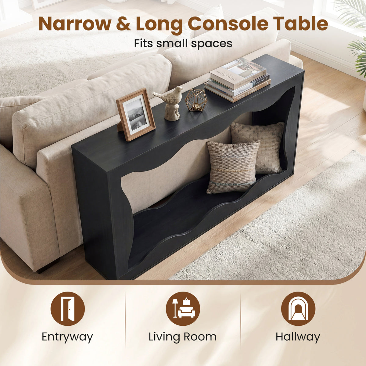 63 Inch Console Table 2-Tier Narrow Entryway Table with Wavy Edge Storage Shelf-Black