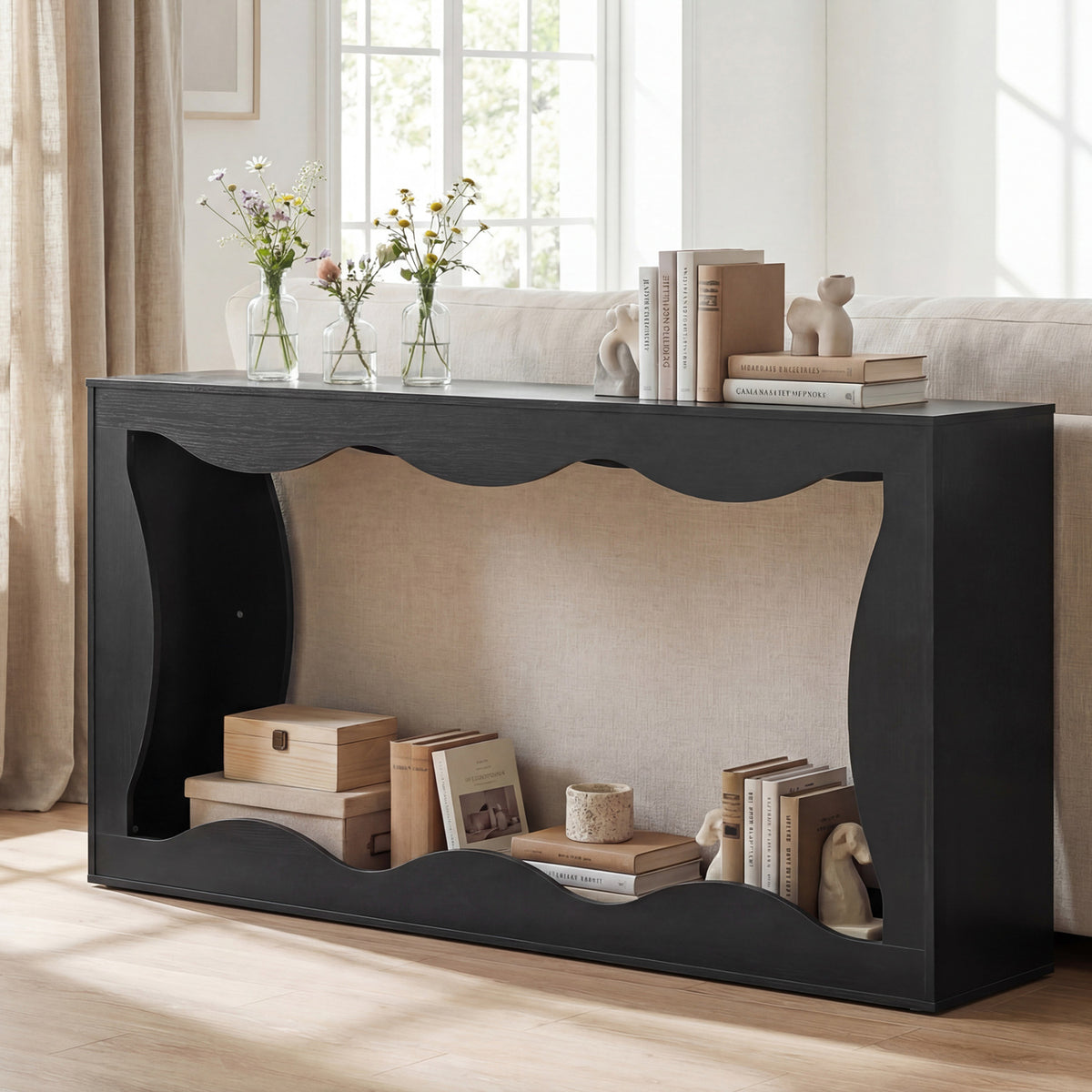 63 Inch Console Table 2-Tier Narrow Entryway Table with Wavy Edge Storage Shelf-Black