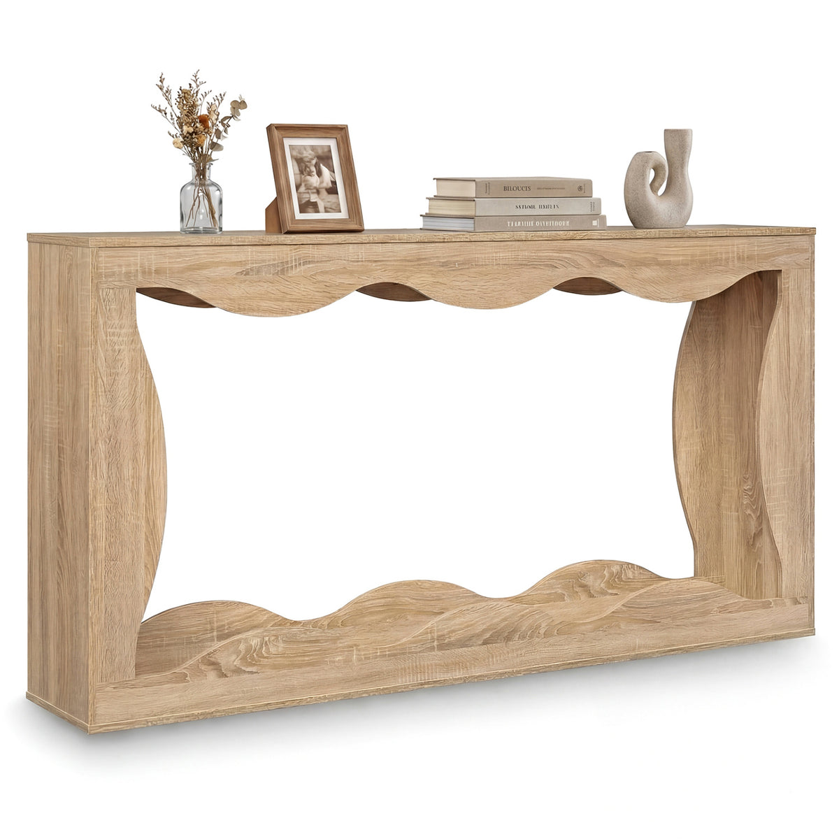 63 Inch Console Table 2-Tier Narrow Entryway Table with Wavy Edge Storage Shelf-Natural