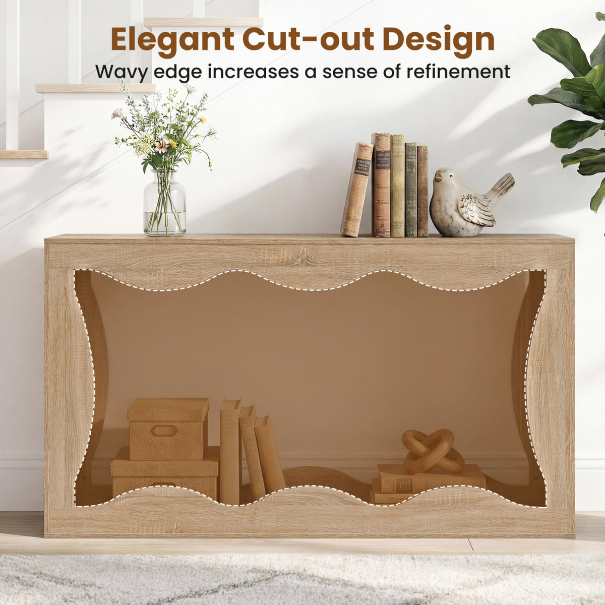 63 Inch Console Table 2-Tier Narrow Entryway Table with Wavy Edge Storage Shelf-Natural