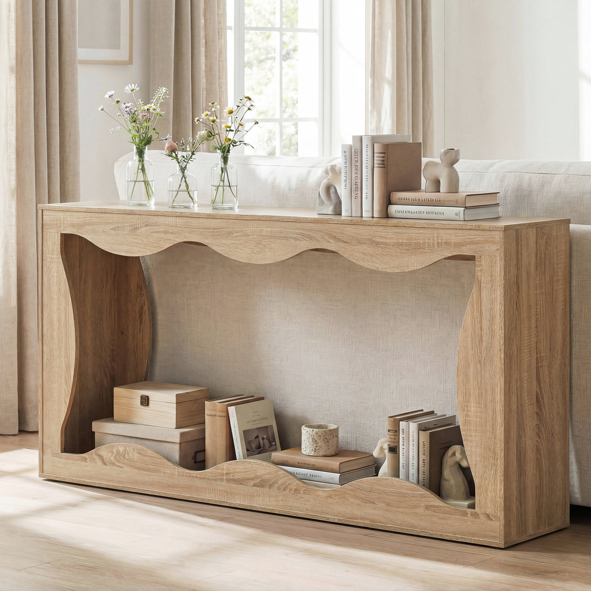 63 Inch Console Table 2-Tier Narrow Entryway Table with Wavy Edge Storage Shelf-Natural