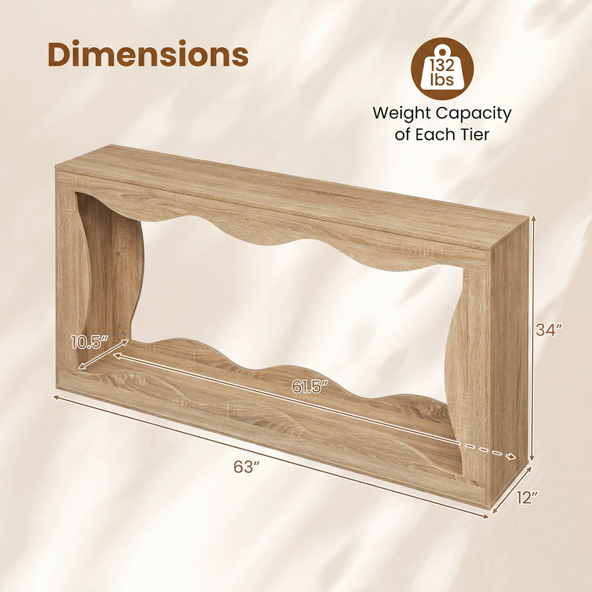 63 Inch Console Table 2-Tier Narrow Entryway Table with Wavy Edge Storage Shelf-Natural