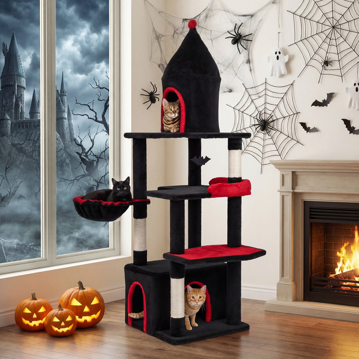 63 Inch Gothic Cat Tree with Condo and Top Cave for Large Cats 20+ LBS-Black
