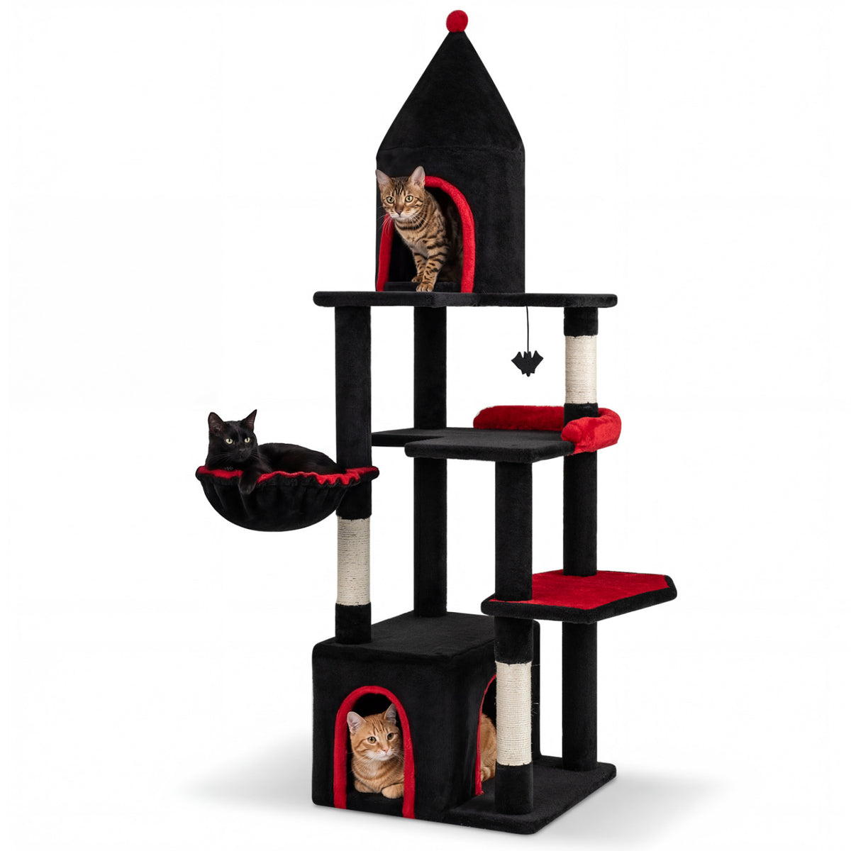 63 Inch Gothic Cat Tree with Condo and Top Cave for Large Cats 20+ LBS-Black