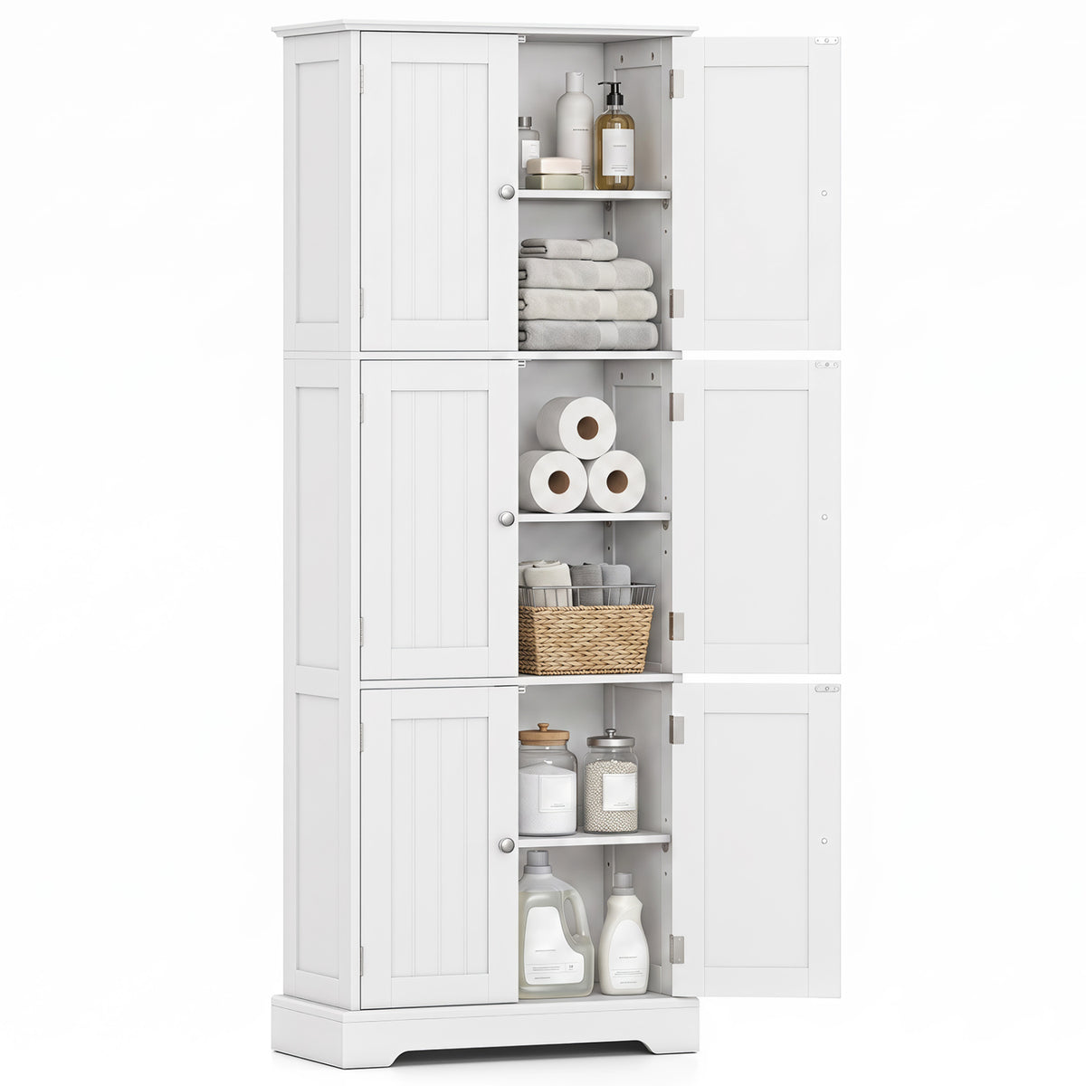 63 Inch Tall Bathroom Storage Cabinet with 6 Doors and Adjustable Shelves-White