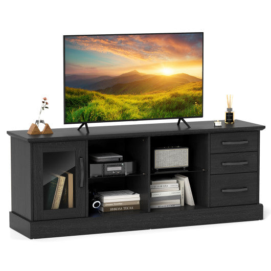63 Inches Media Console Table with 3 Drawers and 2 Glass Shelves-Black