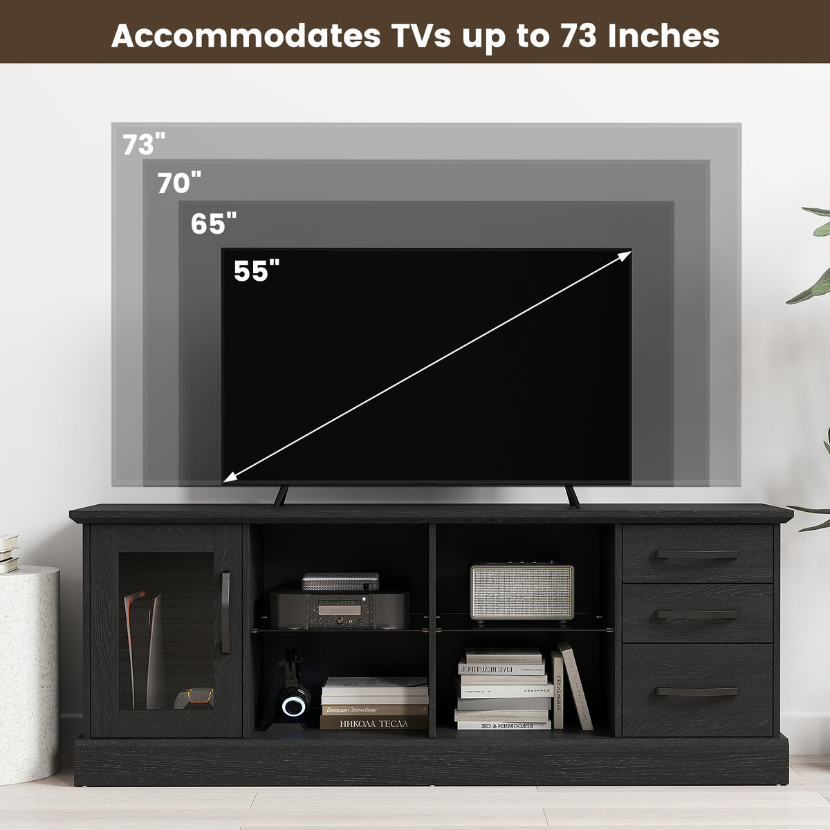 63 Inches Media Console Table with 3 Drawers and 2 Glass Shelves-Black