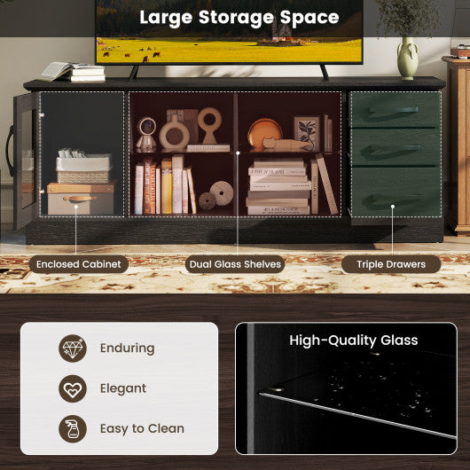 63 Inches Media Console Table with 3 Drawers and 2 Glass Shelves-Black