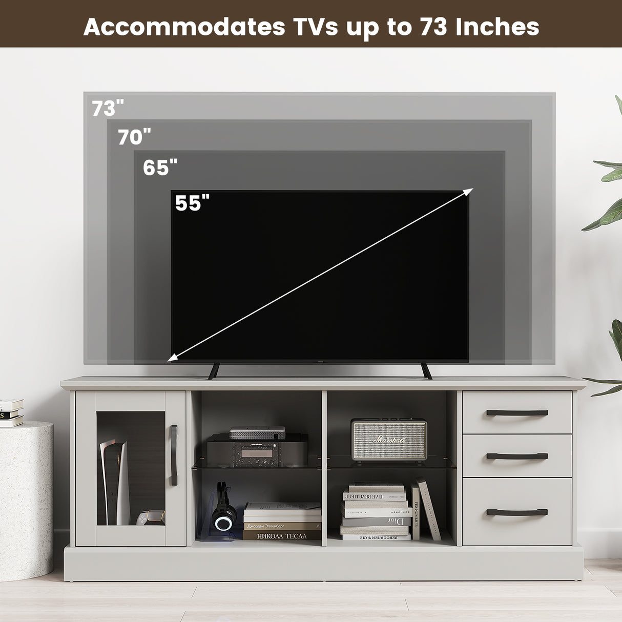 63 Inches Media Console Table with 3 Drawers and 2 Glass Shelves-Gray