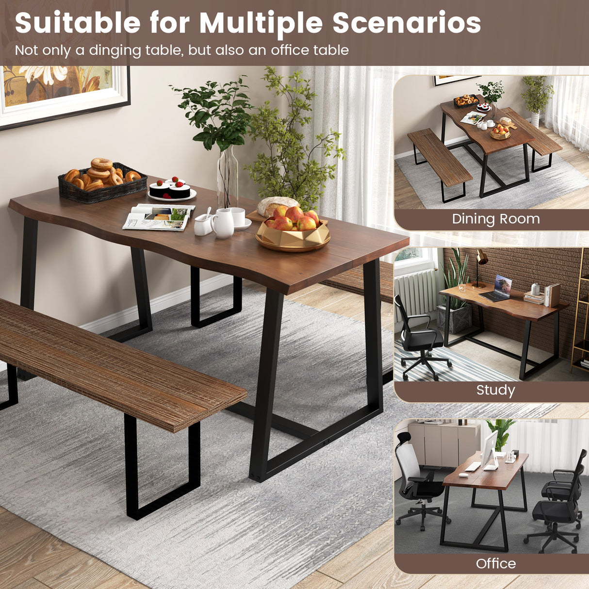 63" Large Dining Table with Wavy Edge and Heavy-duty Metal Frame-Coffee