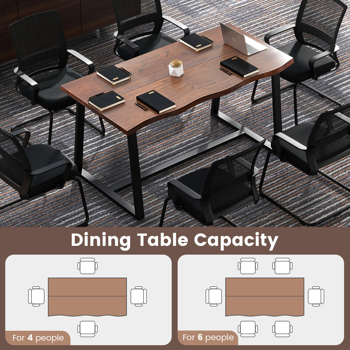63" Large Dining Table with Wavy Edge and Heavy-duty Metal Frame-Coffee