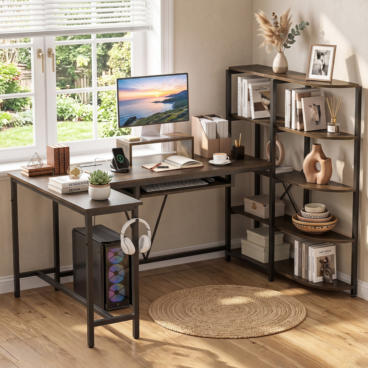 63" U-shaped Computer Desk with Power Outlets 5-Tier Bookshelf and Keyboard Tray-Rustic Brown