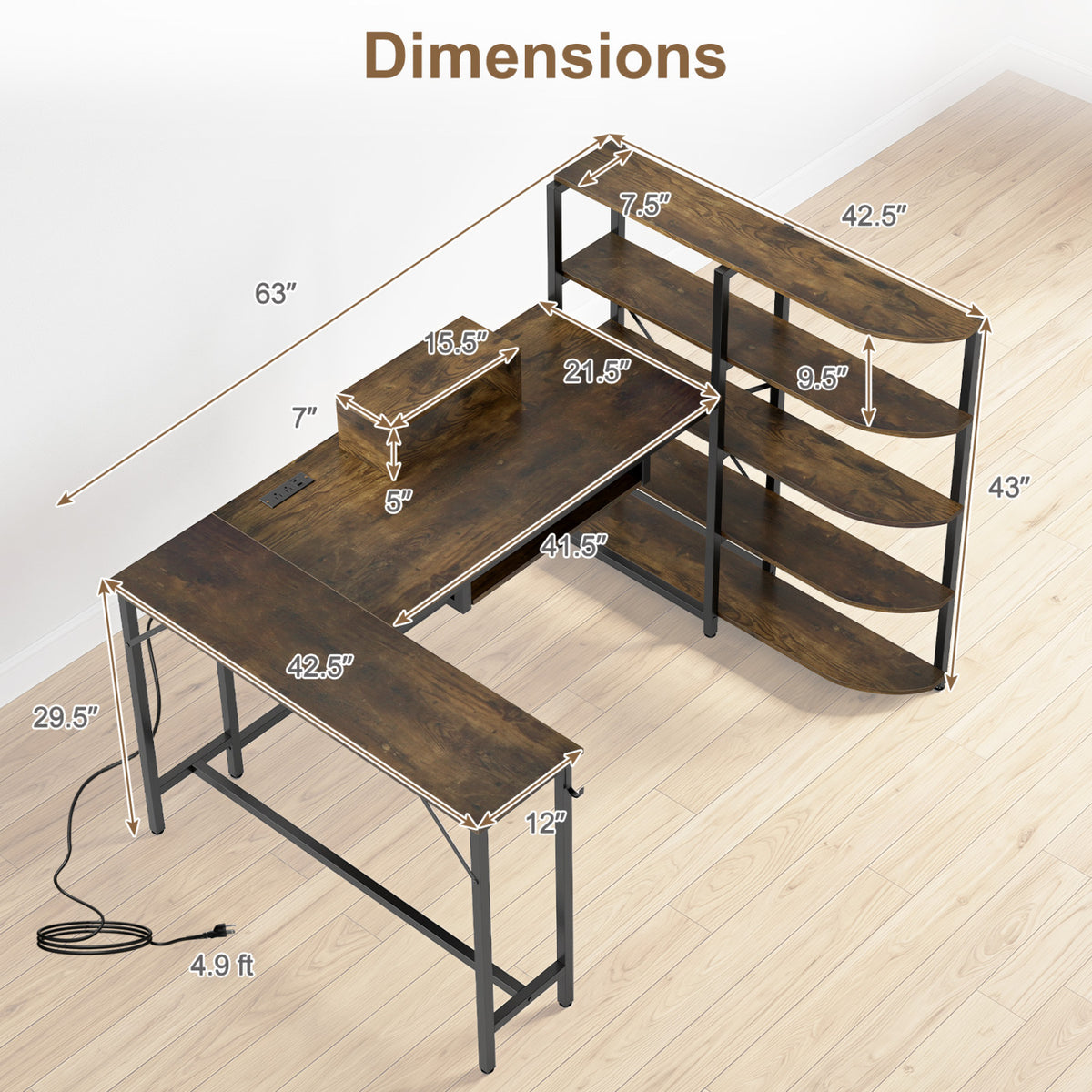 63" U-shaped Computer Desk with Power Outlets 5-Tier Bookshelf and Keyboard Tray-Rustic Brown