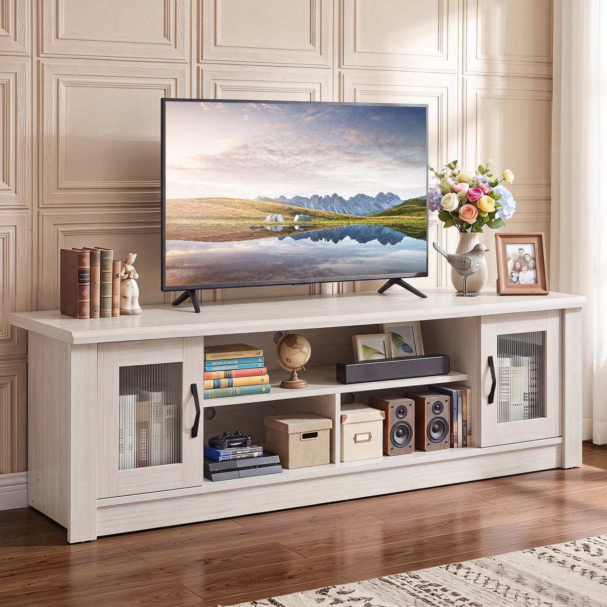63†Wooden Farmhouse TV Stand for 70" TVs with 2 Fluted Doors and 3 Open Compartments-White