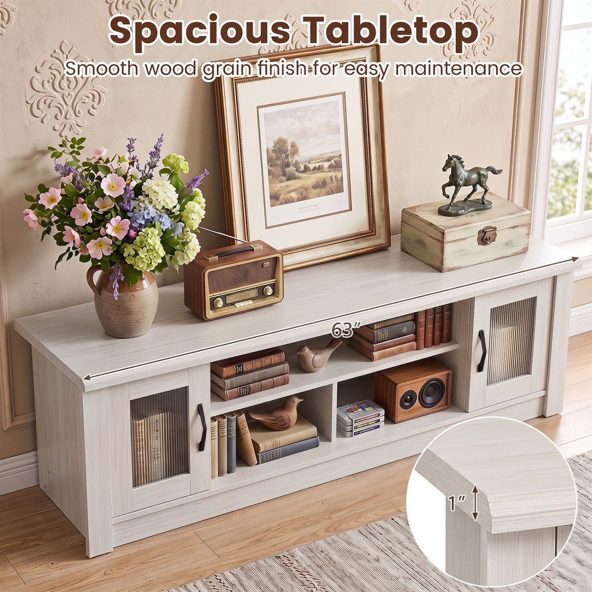 63†Wooden Farmhouse TV Stand for 70" TVs with 2 Fluted Doors and 3 Open Compartments-White