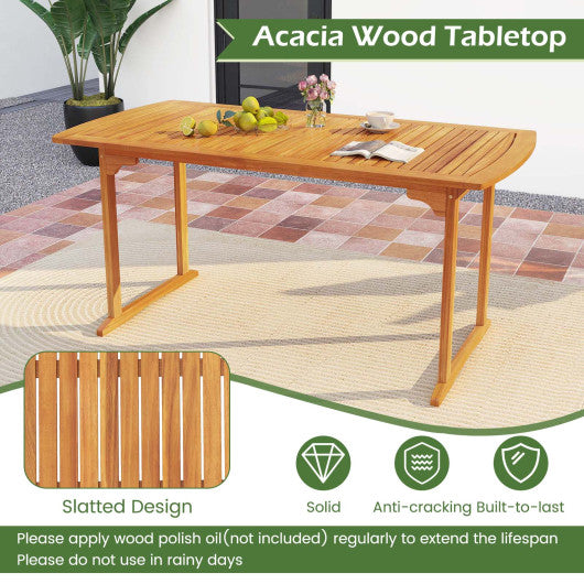 63 inch Outdoor Dining Table with Umbrella Hole and Slatted Tabletop