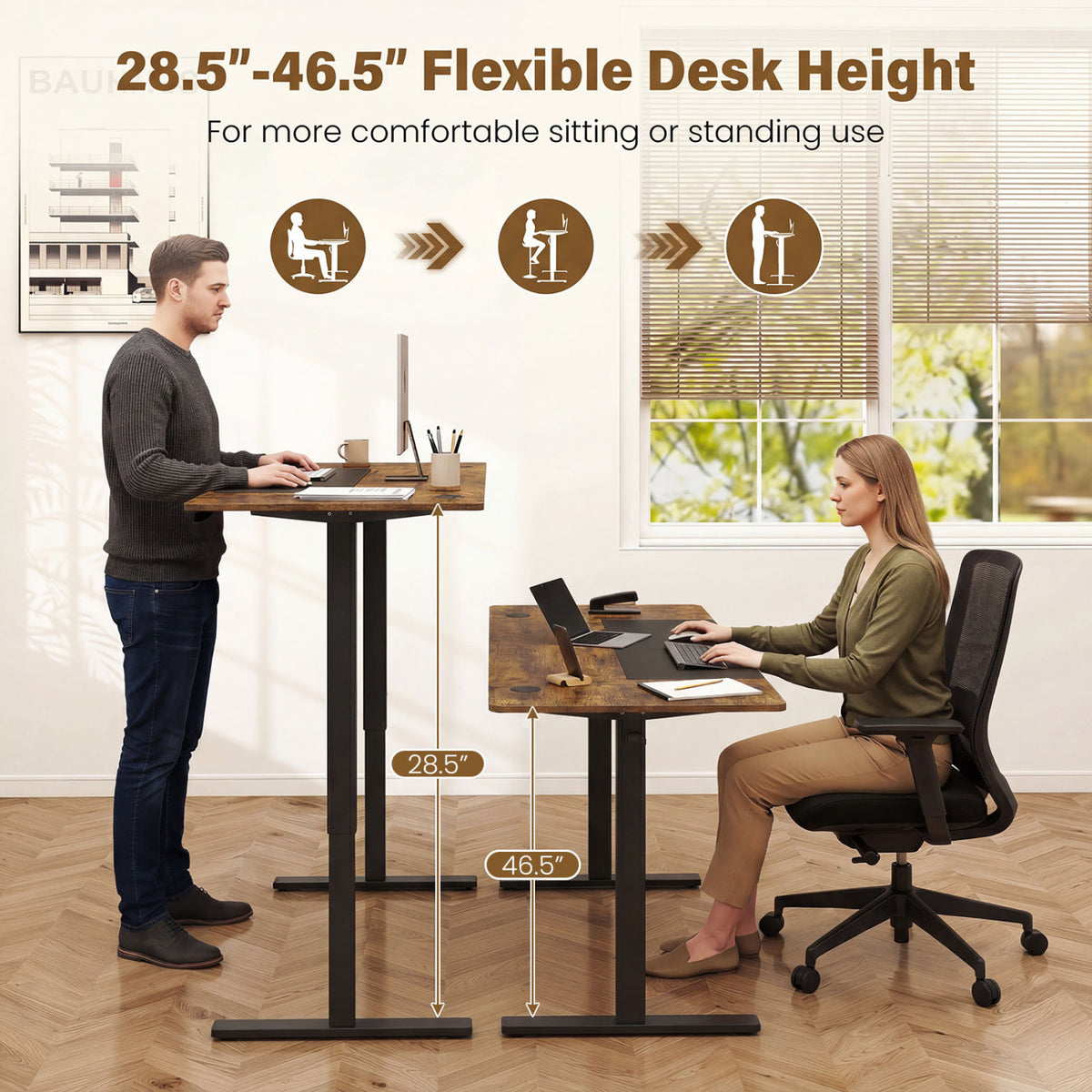 63 x 24 Inch Height Adjustable Sit Stand Computer Desk with 3 Memory Presets-Rustic Brown