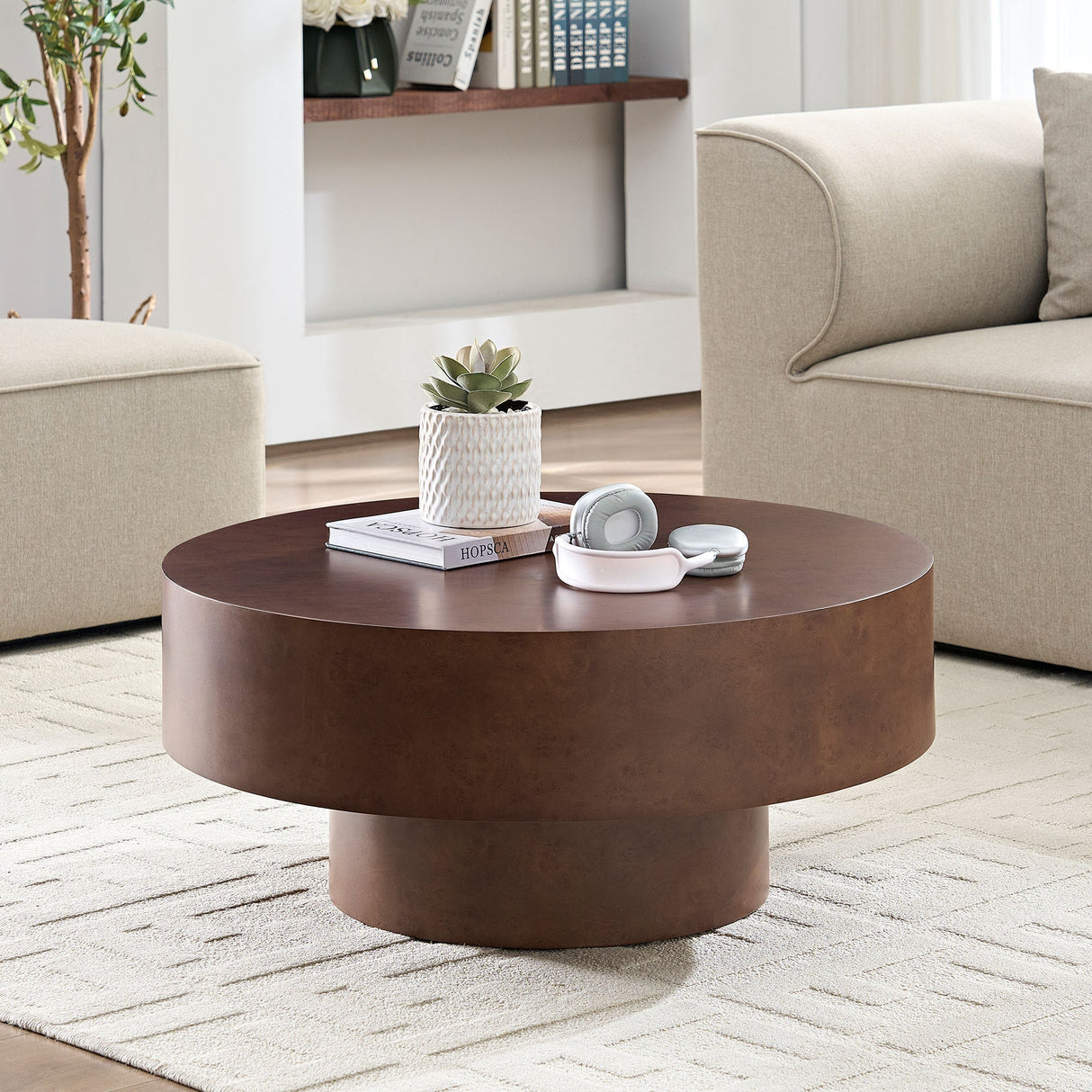 31.49'' Faux Burl Wood Pattern Round Coffee Table with Sturdy Pedestal
