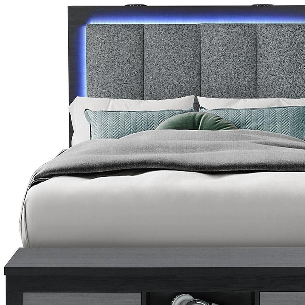 Black and Gray Wood And Upholstery Lighted Upholstered Full Bed Frame With USB And Drawers
