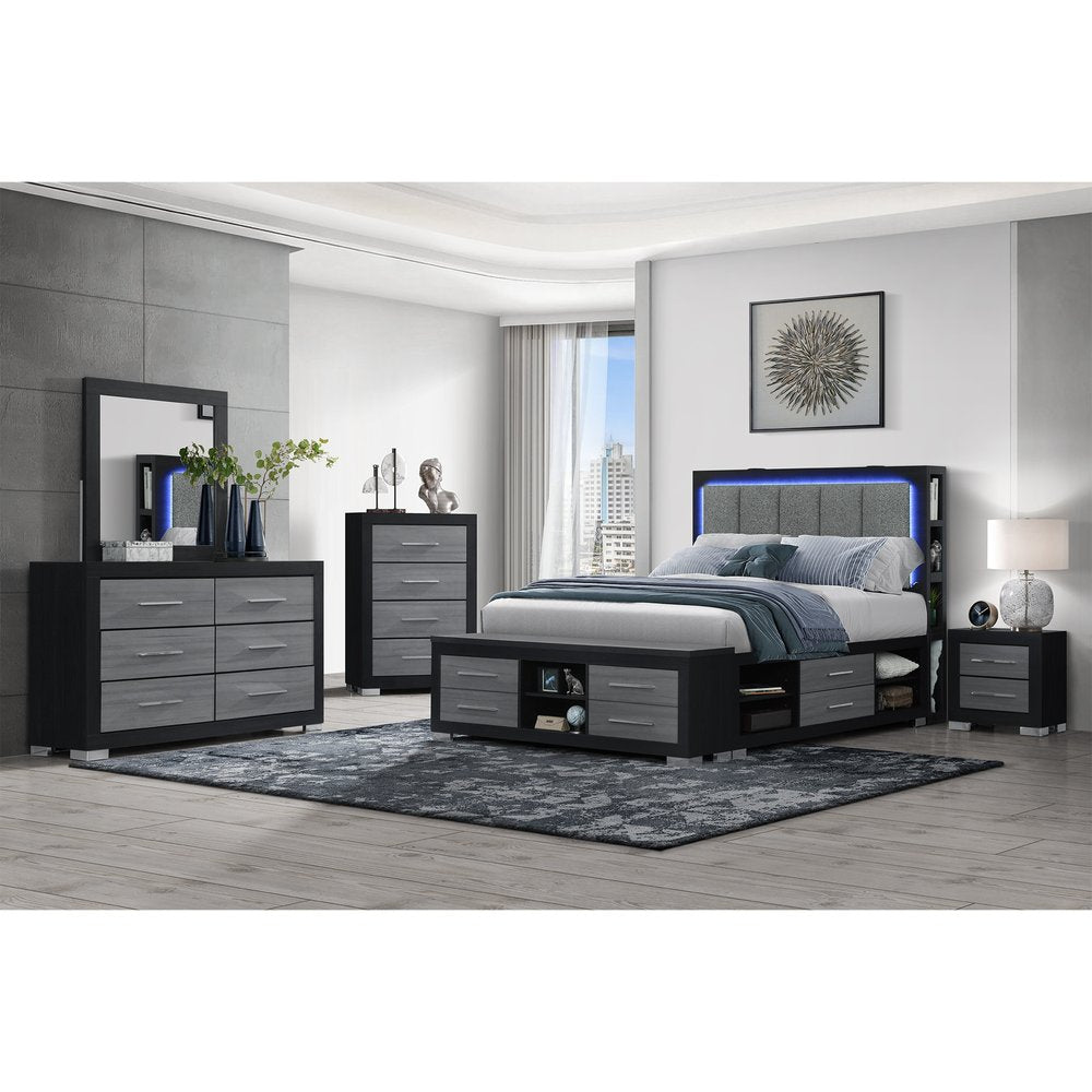 Black and Gray Wood And Upholstery Lighted Upholstered Full Bed Frame With USB And Drawers
