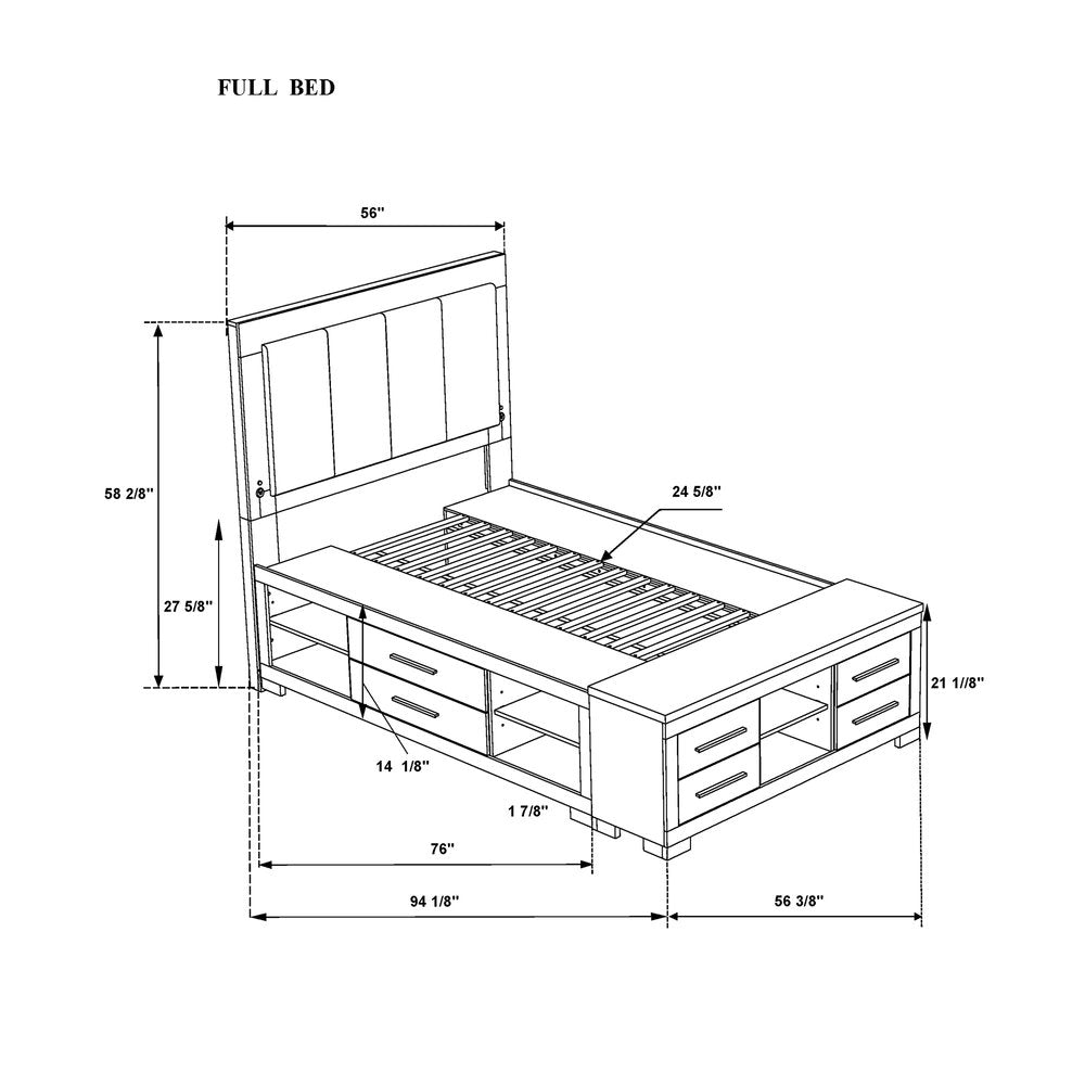 Black and Gray Wood And Upholstery Lighted Upholstered Full Bed Frame With USB And Drawers