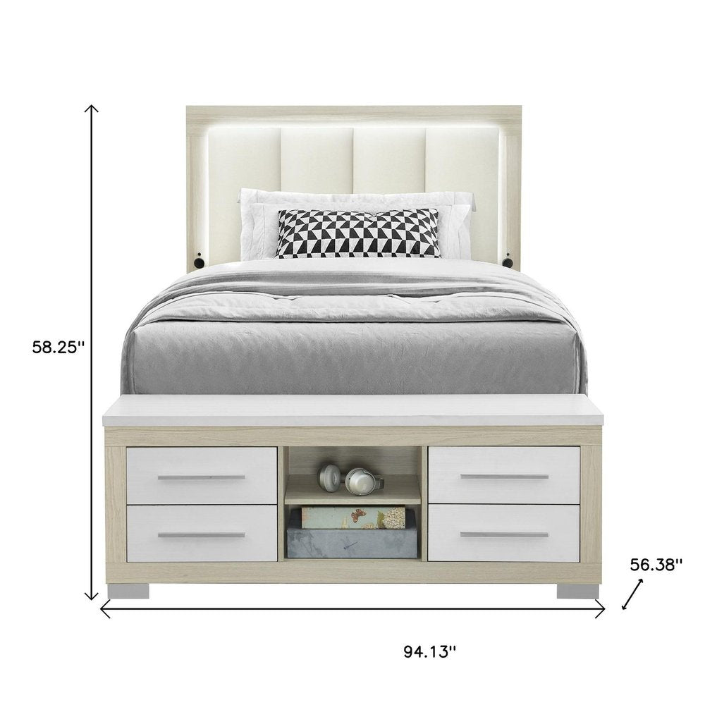 Natural White and Beige Wood And Upholstery Lighted Upholstered Full Bed Frame With USB And Drawers