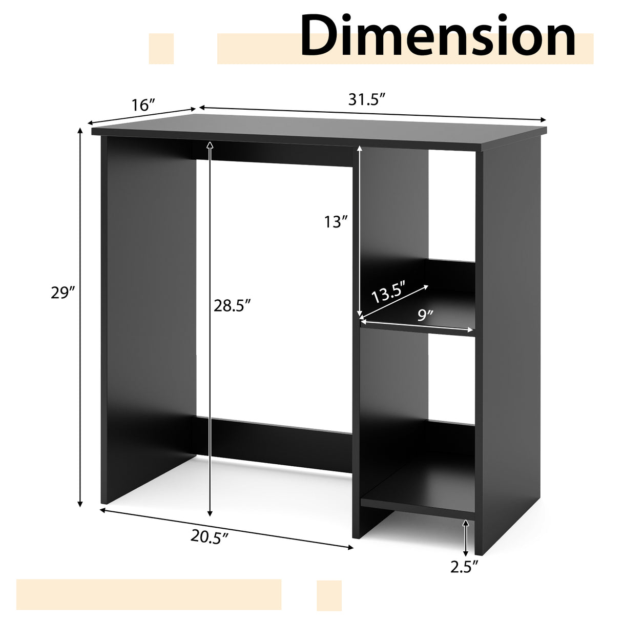 31.5 Inch Modern Home Office Desk with 2 Compartments-Black