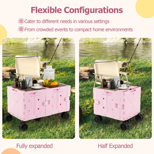 Large Foldable Utility Cart with 2-Tier Storage Crates and Telescoping Handle-Pink