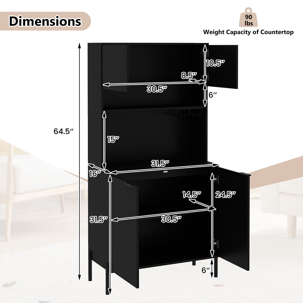 64.5 Inches Tall Kitchen Pantry Cabinet with Charging Station and Wine Glass Rack-Black