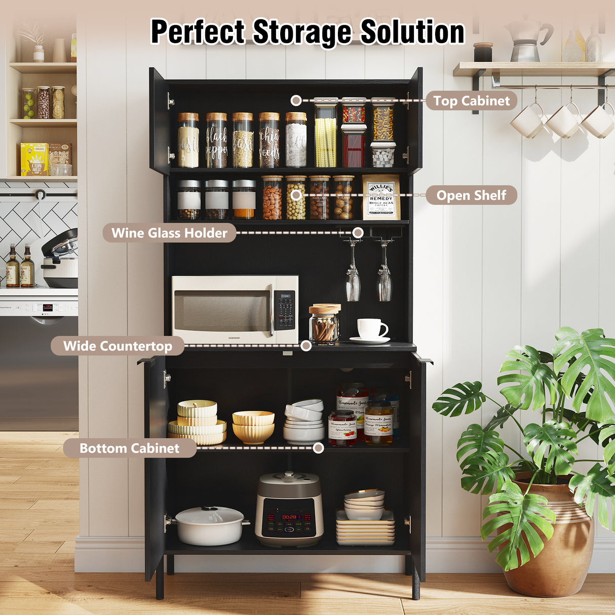 64.5 Inches Tall Kitchen Pantry Cabinet with Charging Station and Wine Glass Rack-Black