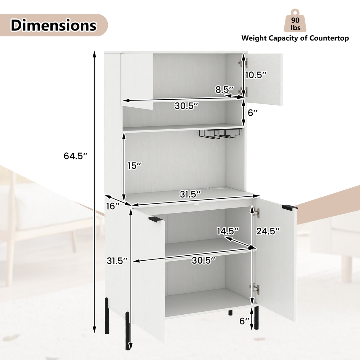 64.5 Inches Tall Kitchen Pantry Cabinet with Charging Station and Wine Glass Rack-White