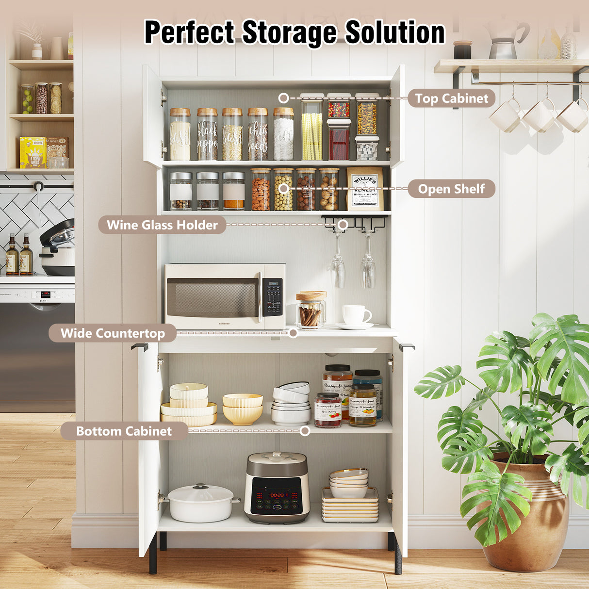 64.5 Inches Tall Kitchen Pantry Cabinet with Charging Station and Wine Glass Rack-White