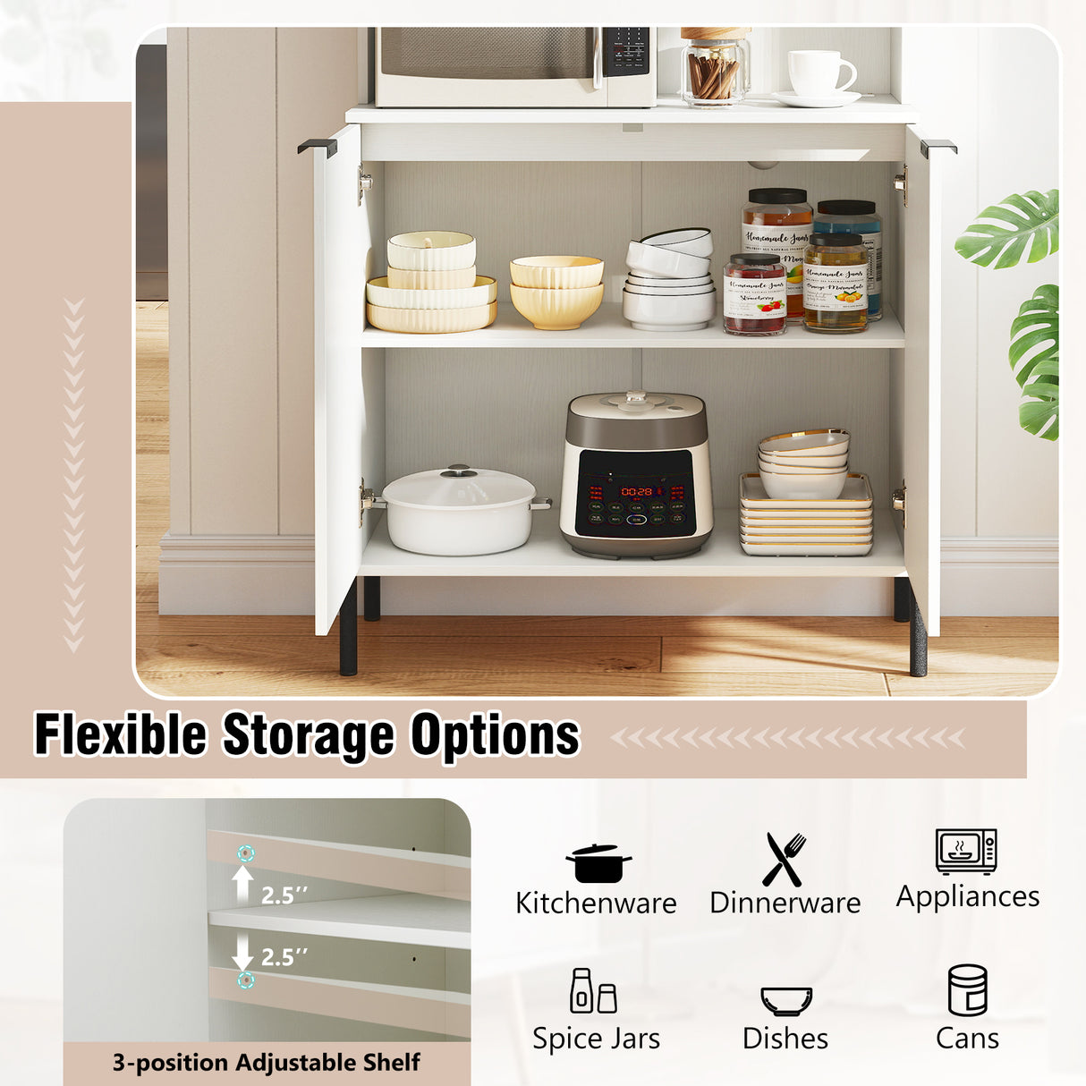 64.5 Inches Tall Kitchen Pantry Cabinet with Charging Station and Wine Glass Rack-White