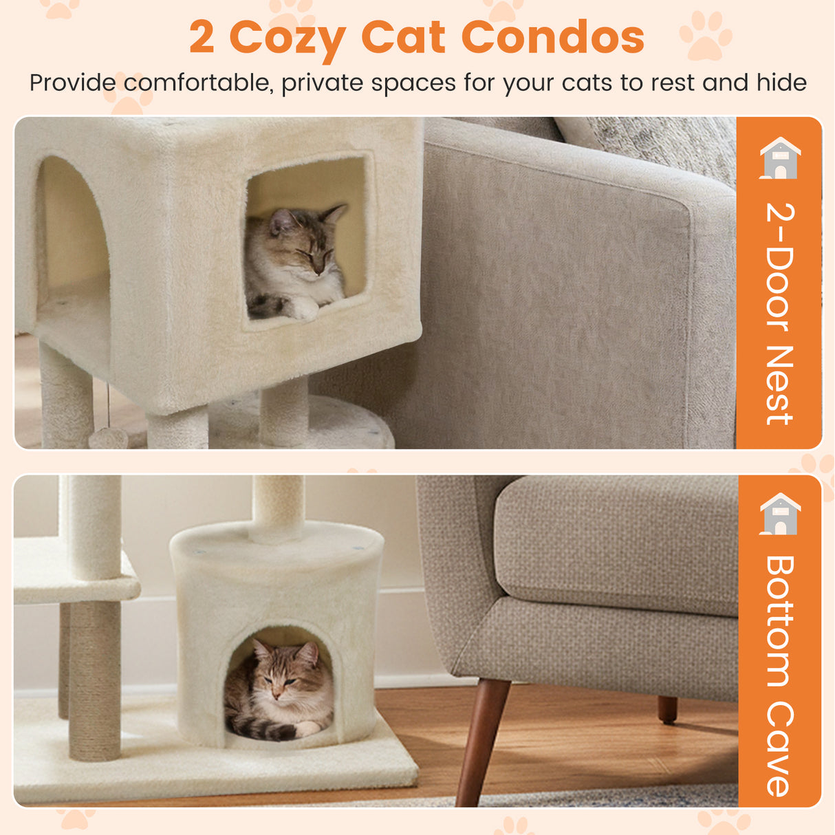 64 Inch Tall Cat Tree with 2 Large Condos and Jute Scratching Posts for Indoor Adult Cats-Beige