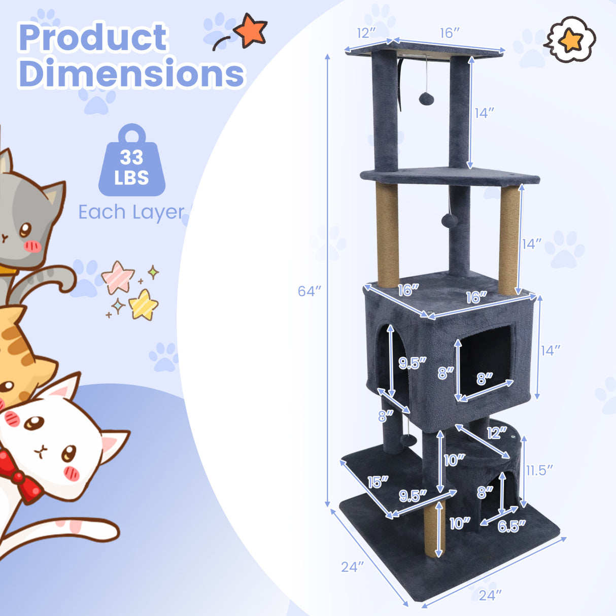 64 Inch Tall Cat Tree with 2 Large Condos and Jute Scratching Posts for Indoor Adult Cats-Dark Grey