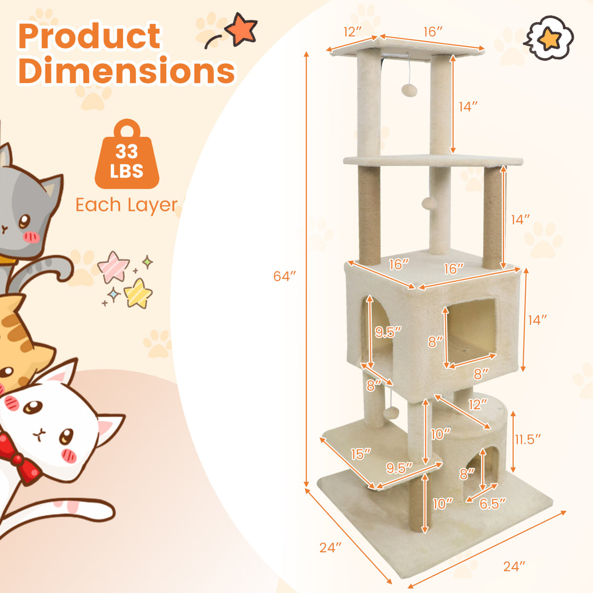 64 Inch Tall Cat Tree with 2 Large Condos and Jute Scratching Posts for Indoor Adult Cats-Beige