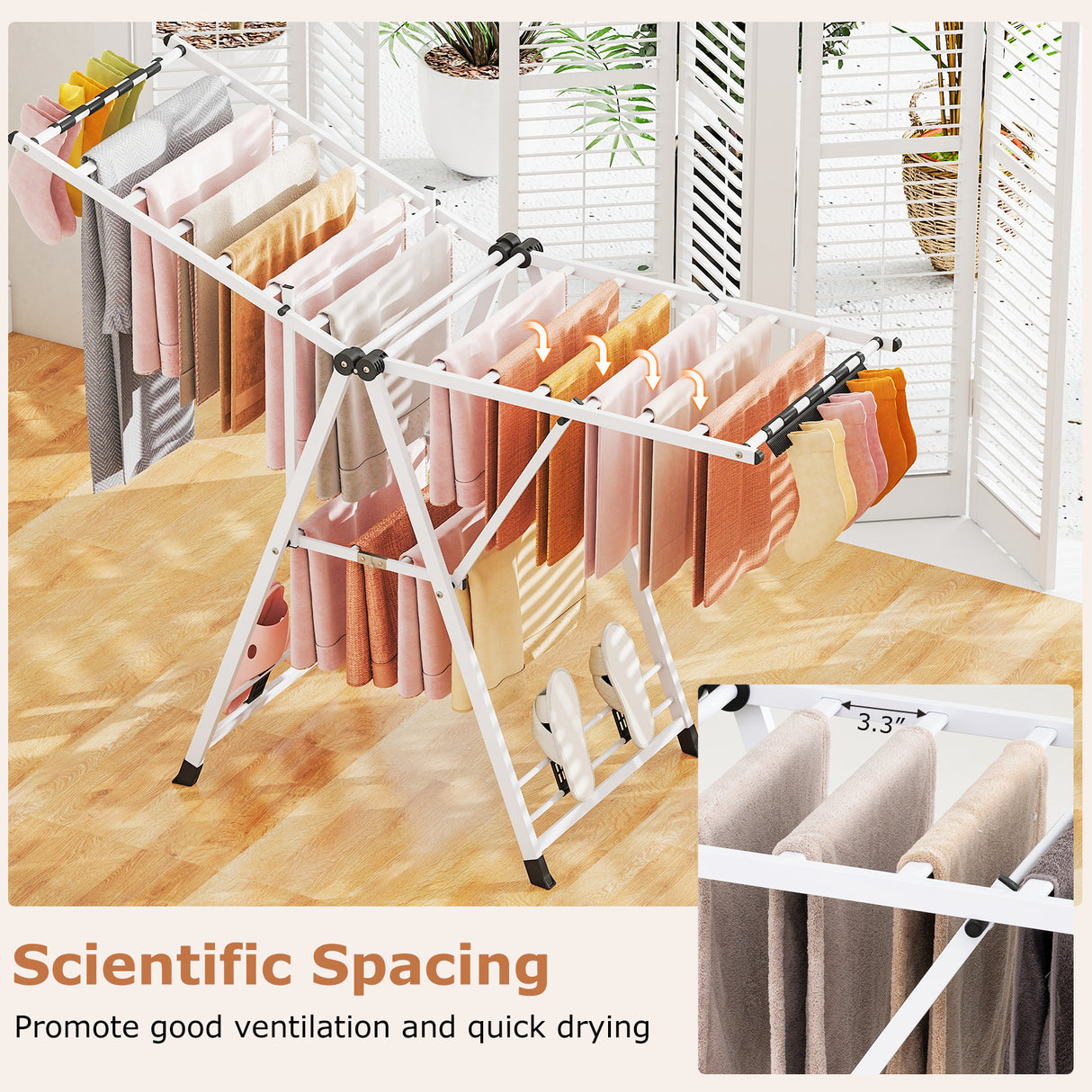 64 Inches Clothes Drying Rack with Height Adjustable Wings-White