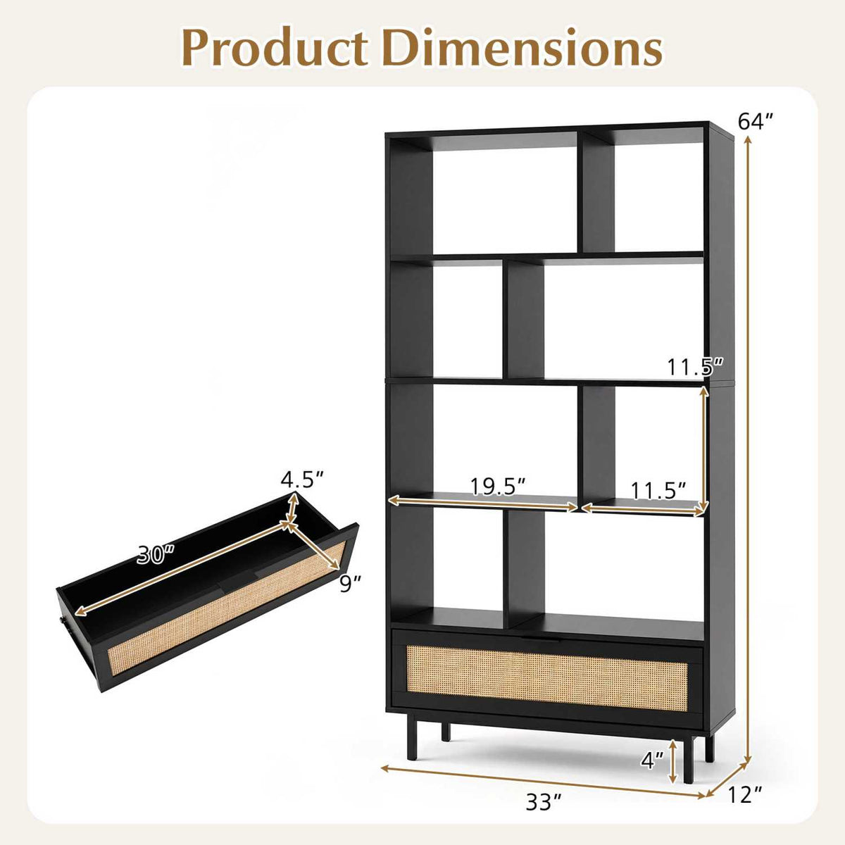 64 inch 6-Tier Tall Wooden Bookcase with 8 Open Cubes-Black