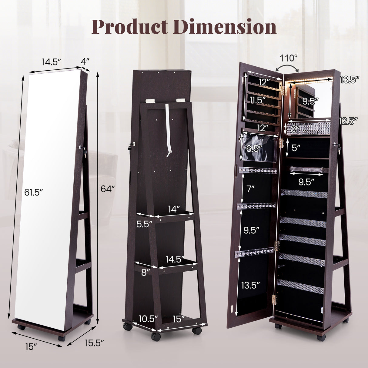 64 Inches Lockable Jewelry Cabinet Armoire with Built-in Makeup Mirror-Purple