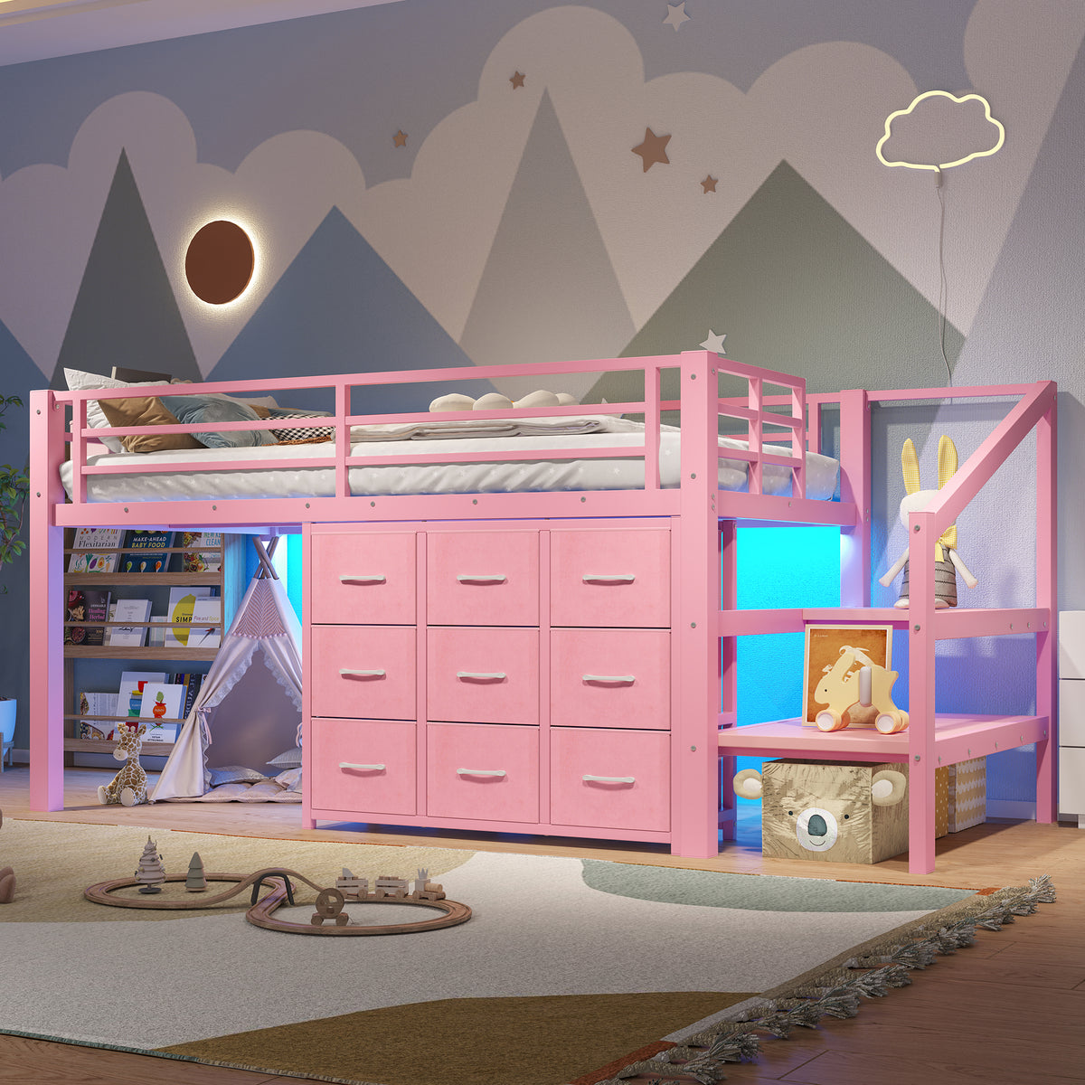 Twin Low Loft Bed featuring Multi-Storage Spaces, Including Fabric Drawers, Fabric Shelves Beside the Bed, Storage Stairs, Metal Loft Bed with Lights and Ample Under-Bed Spaces, Pink