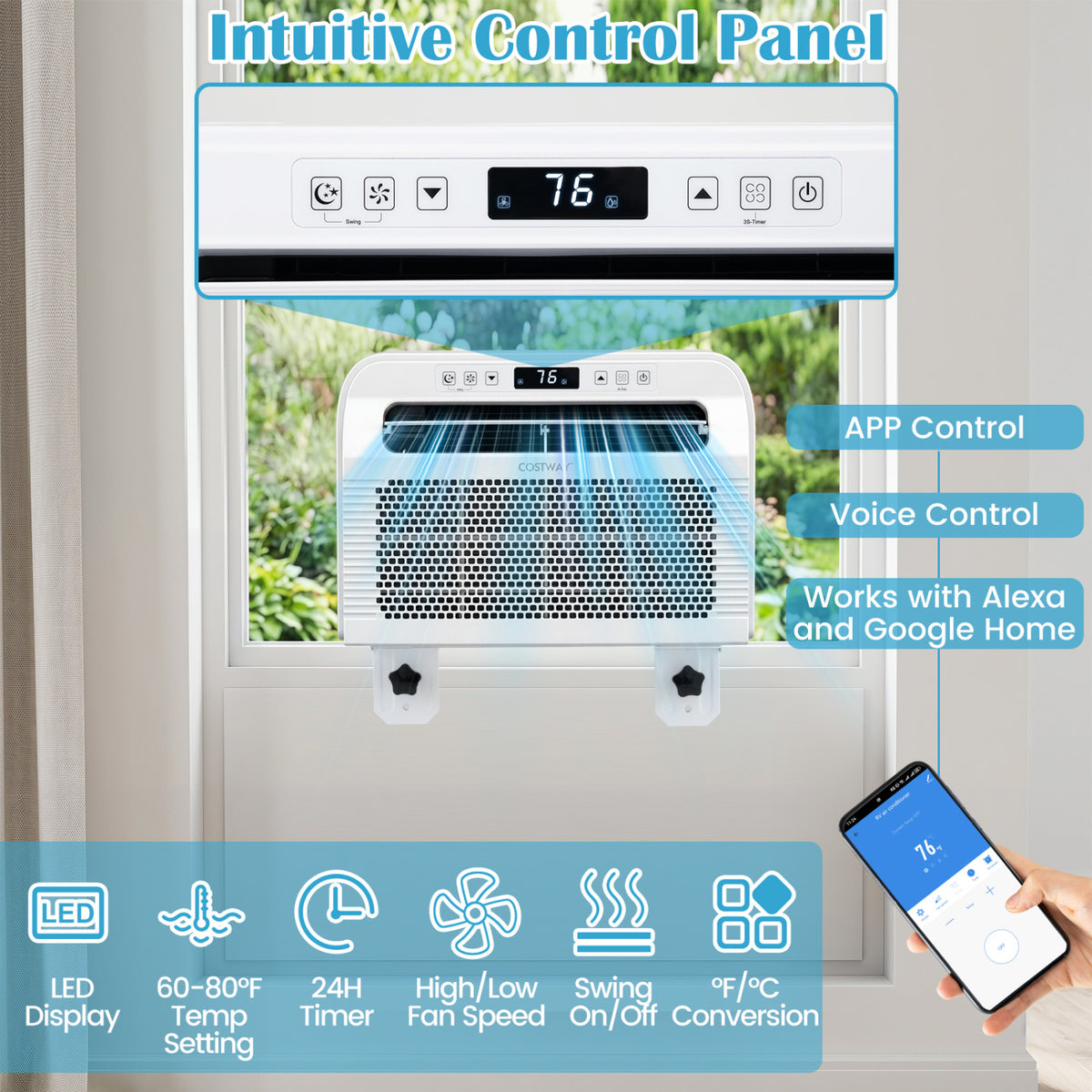 6500 BTU Window AC Unit with WiFi APP Voice Control 24H Timer and Quiet Operation-White