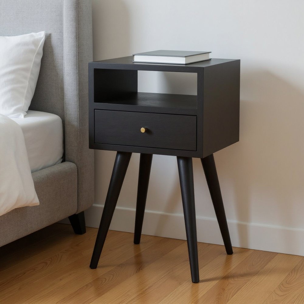 22" Black Solid Wood Square One Drawer Nightstand