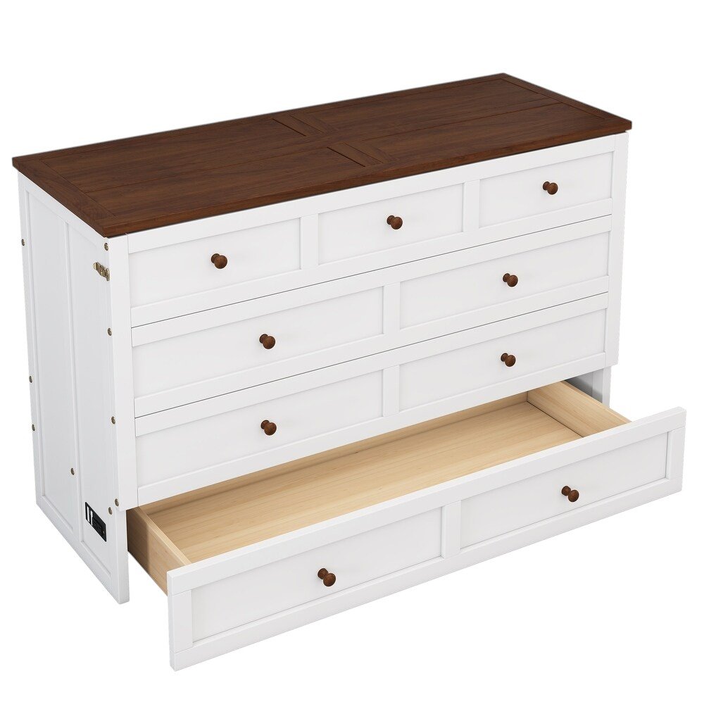 White Wood Queen Murphy Bed With USB And Drawer