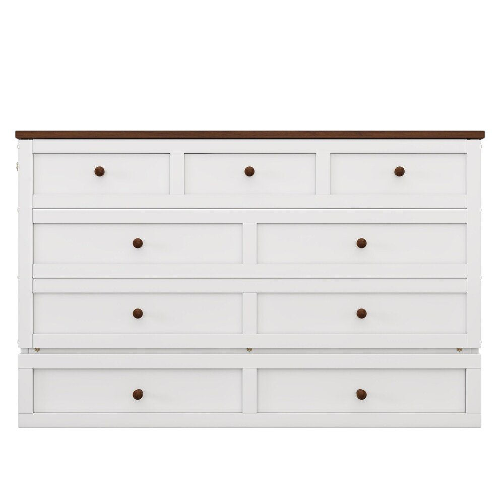 White Wood Queen Murphy Bed With USB And Drawer