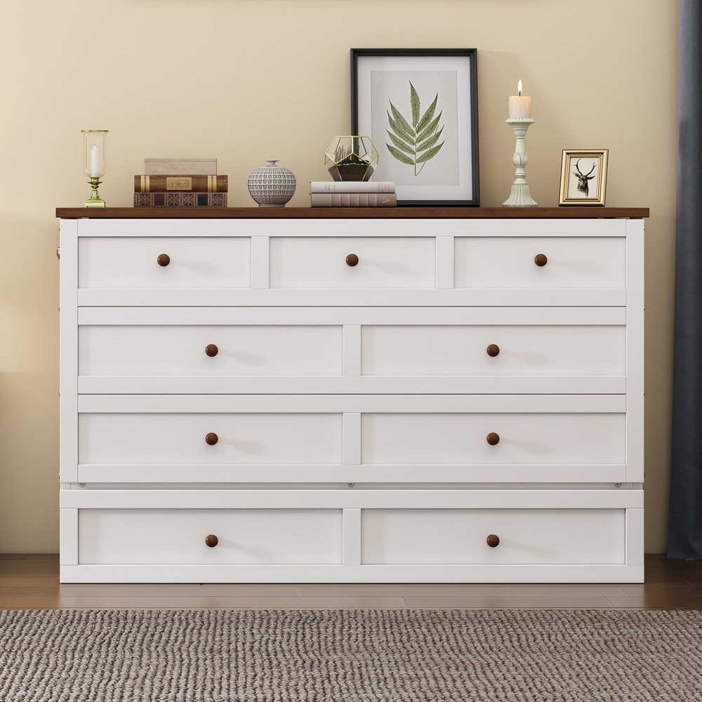 White Wood Queen Murphy Bed With USB And Drawer