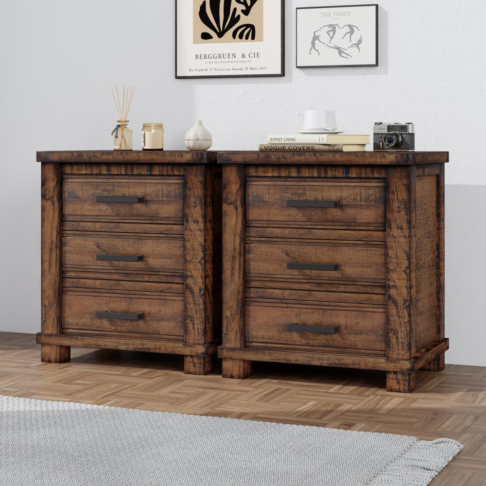 Set of Two 26" Walnut Solid Wood Distressed Three Drawer Nightstand